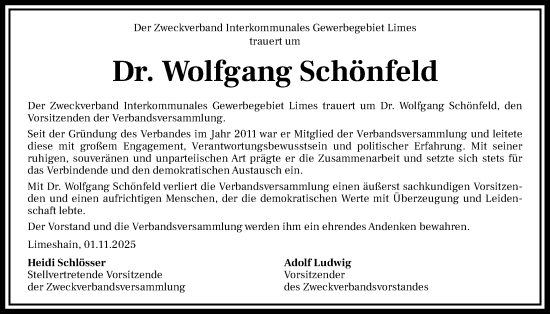 Traueranzeige von Wolfgang Schönfeld von Kreis-Anzeiger