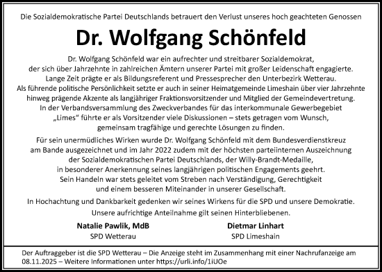 Traueranzeige von Wolfgang Schönfeld von Kreis-Anzeiger