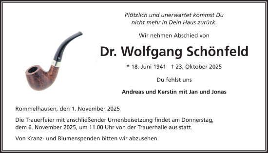 Traueranzeige von Wolfgang Schönfeld von Kreis-Anzeiger
