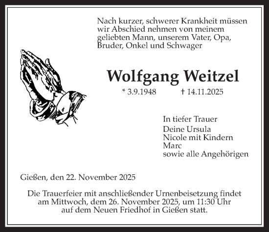 Traueranzeige von Wolfgang Weitzel von Giessener Anzeiger