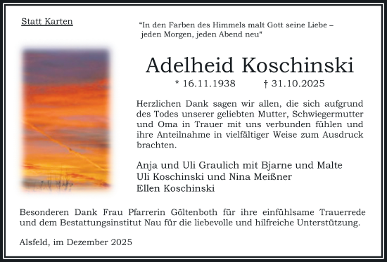 Traueranzeige von Adelheid Koschinski von Oberhessische Zeitung