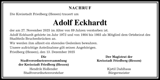 Traueranzeige von Adolf Eckhardt von Wetterauer Zeitung