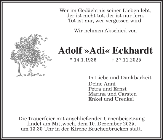 Traueranzeige von Adolf Eckhardt von Wetterauer Zeitung