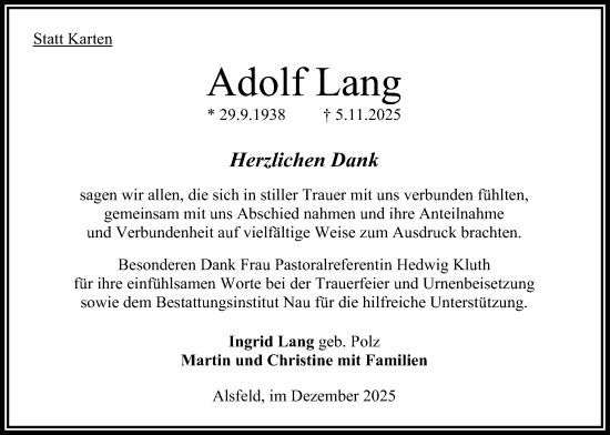 Traueranzeige von Adolf Lang von Oberhessische Zeitung