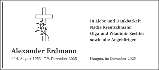 Traueranzeige von Alexander Erdmann von Licher Wochenblatt, Licher Wochenblatt