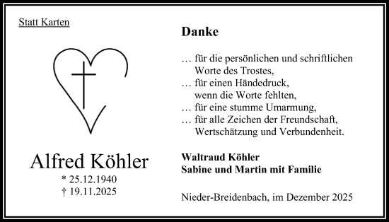 Traueranzeige von Alfred Köhler von Oberhessische Zeitung