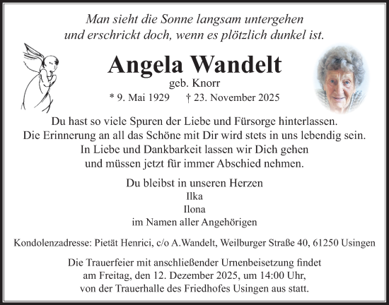 Traueranzeige von Angela Wandelt von Usinger Anzeiger, Usinger Anzeigenblatt