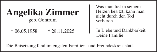Traueranzeige von Angelika Zimmer von Giessener Anzeiger, Giessener Allgemeine, Alsfelder Allgemeine