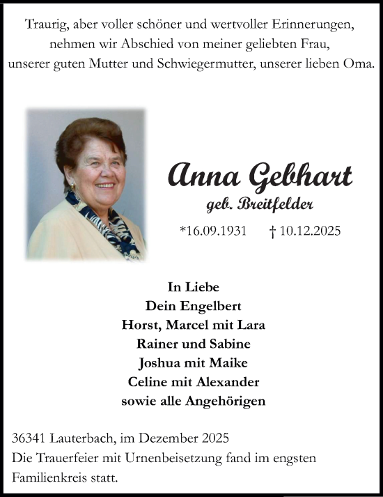 Traueranzeige von Anna Gebhardt von Lauterbacher Anzeiger