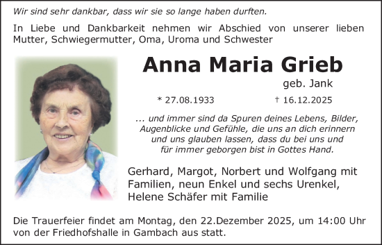 Traueranzeige von Anna Maria Grieb von Butzbacher Zeitung