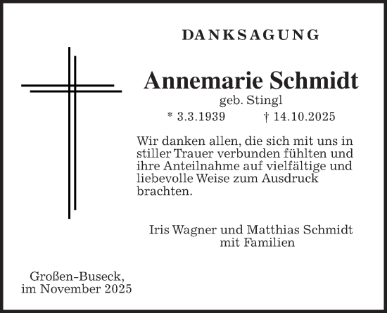 Traueranzeige von Annemarie Schmidt von Giessener Allgemeine, Alsfelder Allgemeine