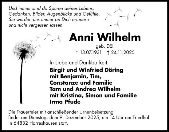 Traueranzeige von Anni Wilhelm von Oberhessische Zeitung