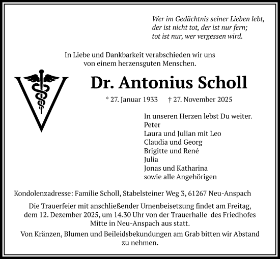Traueranzeige von Antonius Scholl von Usinger Anzeiger