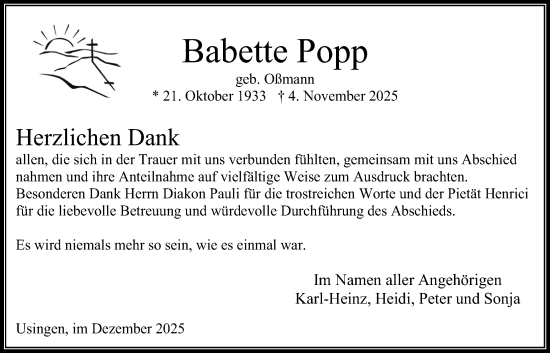 Traueranzeige von Babette Popp von Usinger Anzeiger, Usinger Anzeigenblatt
