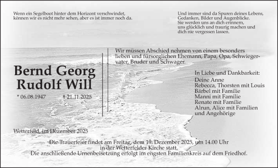 Traueranzeige von Bernd Georg Rudolf Will von Giessener Allgemeine, Alsfelder Allgemeine, Laubacher Anzeiger
