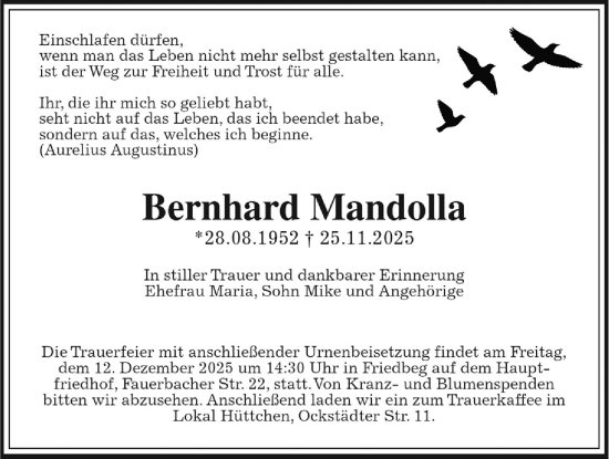 Traueranzeige von Bernhard Mandolla von Wetterauer Zeitung