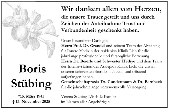 Traueranzeige von Boris Stübing von Wetterauer Zeitung, Giessener Allgemeine, Alsfelder Allgemeine