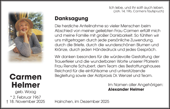 Traueranzeige von Carmen Helmer von Kreis-Anzeiger