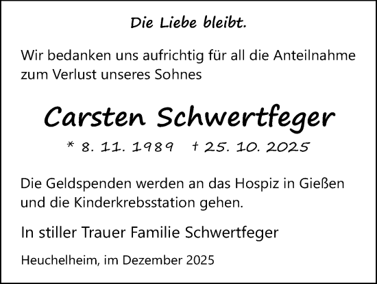 Traueranzeige von Carsten Schwertfeger von Giessener Anzeiger
