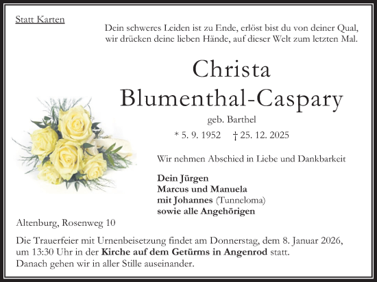 Traueranzeige von Christa Blumenthal-Caspary von Oberhessische Zeitung