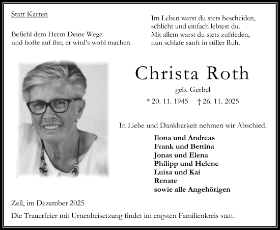 Traueranzeige von Christa Roth von Oberhessische Zeitung