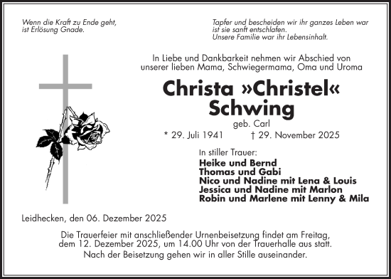 Traueranzeige von Christa Schwing von Kreis-Anzeiger, Wetterauer Zeitung