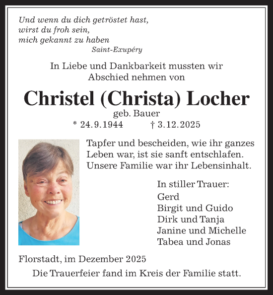 Traueranzeige von Christel Locher von Wetterauer Zeitung