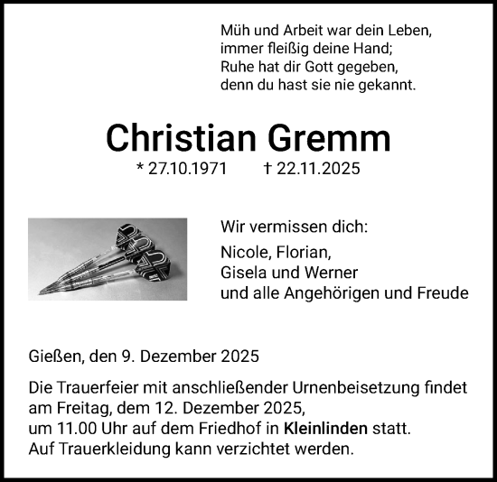 Traueranzeige von Christian Gremm von Giessener Allgemeine, Alsfelder Allgemeine, Giessener Anzeiger