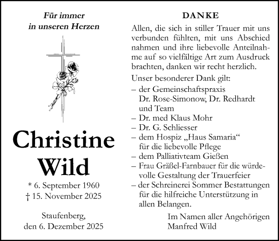 Traueranzeige von Christine Wild von Giessener Allgemeine, Alsfelder Allgemeine, Giessener Anzeiger