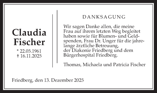 Traueranzeige von Claudia Fischer von Wetterauer Zeitung