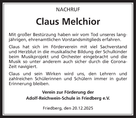 Traueranzeige von Claus Melchior von Wetterauer Zeitung