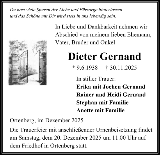 Traueranzeige von Dieter Gernand von Kreis-Anzeiger