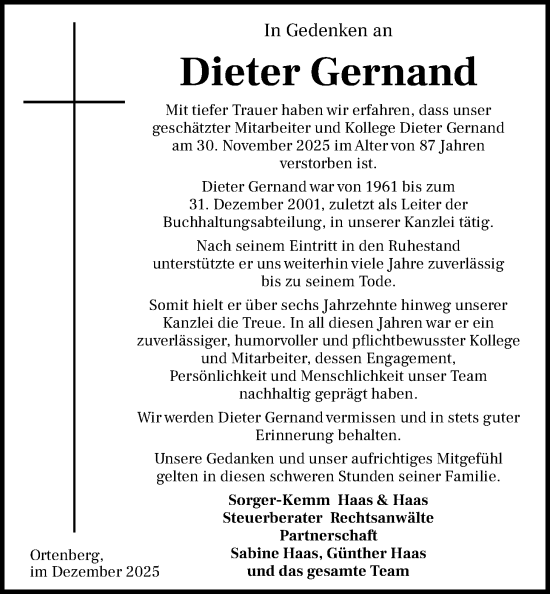 Traueranzeige von Dieter Gernand von Kreis-Anzeiger