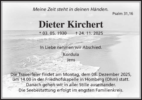 Traueranzeige von Dieter Kirchert von Oberhessische Zeitung, Alsfelder Allgemeine