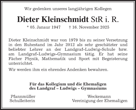 Traueranzeige von Dieter Kleinschmidt von Giessener Allgemeine, Alsfelder Allgemeine
