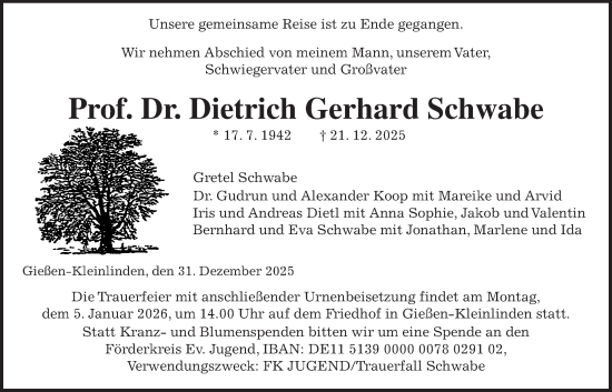 Traueranzeige von Dietrich Gerhard Schwabe von Giessener Allgemeine, Alsfelder Allgemeine, Giessener Anzeiger