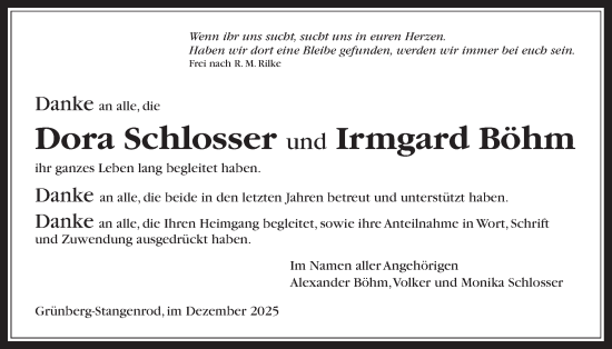 Traueranzeige von Dora Schlosser von Giessener Allgemeine, Alsfelder Allgemeine