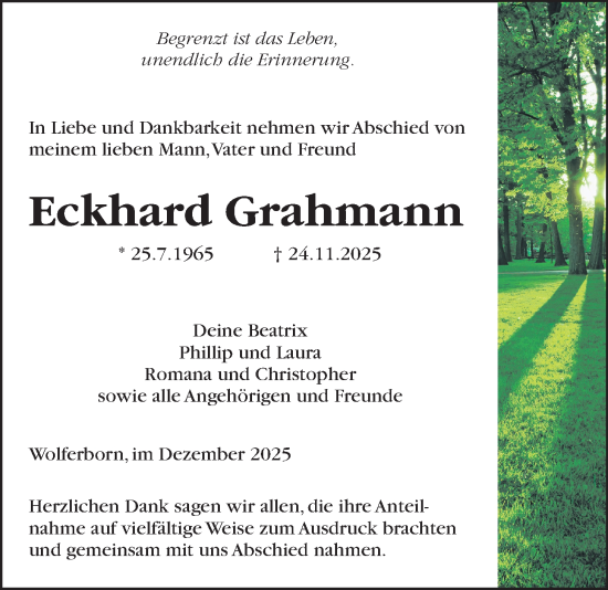 Traueranzeige von Eckhard Grahmann von Kreis-Anzeiger