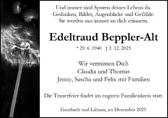 Traueranzeige von Edeltraud Beppler-Alt von Butzbacher Zeitung