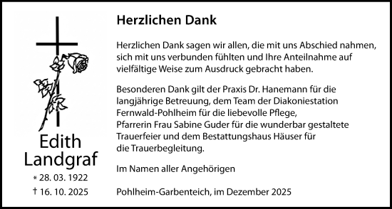 Traueranzeige von Edith Landgraf von Giessener Allgemeine, Alsfelder Allgemeine, Giessener Anzeiger