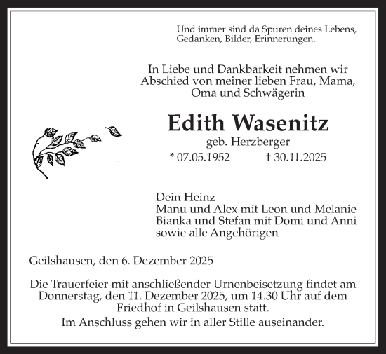 Traueranzeige von Edith Wasenitz von Giessener Allgemeine, Alsfelder Allgemeine