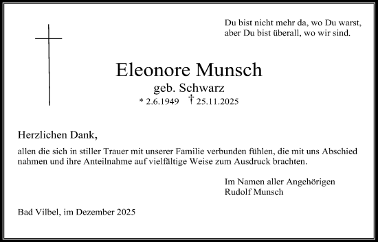 Traueranzeige von Eleonore Munsch von Bad Vilbel/Karben