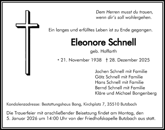 Traueranzeige von Eleonore Schnell von Butzbacher Zeitung