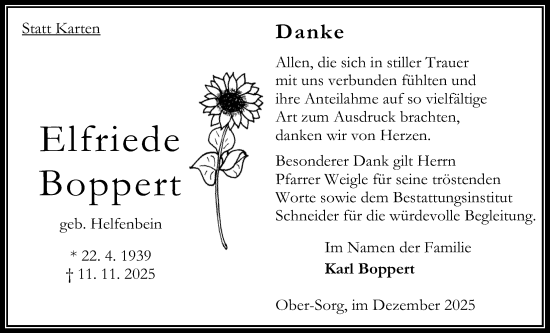 Traueranzeige von Elfriede Boppert von Oberhessische Zeitung