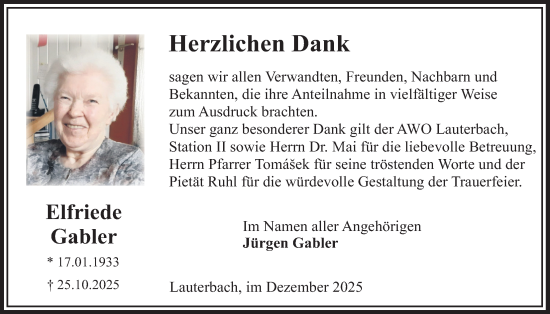 Traueranzeige von Elfriede Gabler 