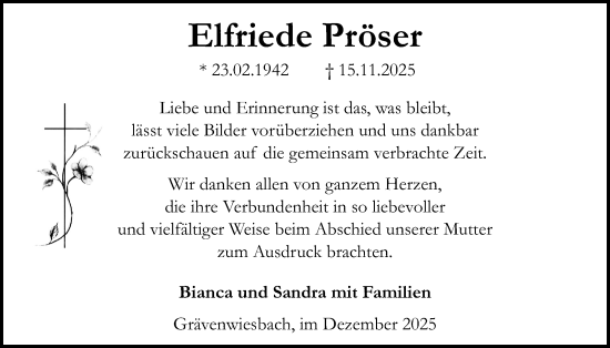 Traueranzeige von Elfriede Pröser von Usinger Anzeiger, Usinger Anzeigenblatt