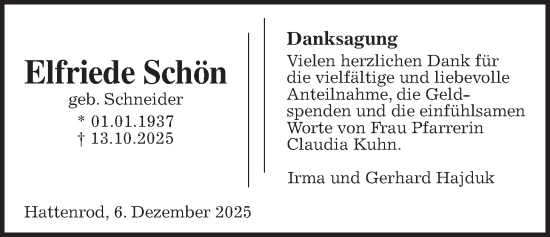 Traueranzeige von Elfriede Schön von Giessener Allgemeine, Alsfelder Allgemeine, Giessener Anzeiger