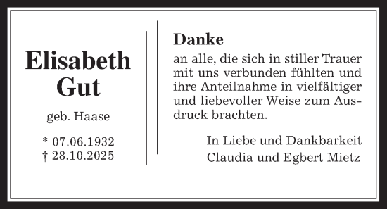 Traueranzeige von Elisabeth Gut von Allendorfer Mitteilungen