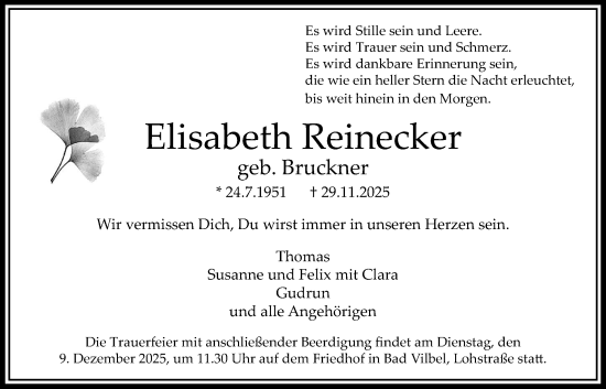 Traueranzeige von Elisabeth Reinecker von Bad Vilbel/Karben