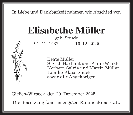 Traueranzeige von Elisabethe Müller von Giessener Allgemeine, Alsfelder Allgemeine